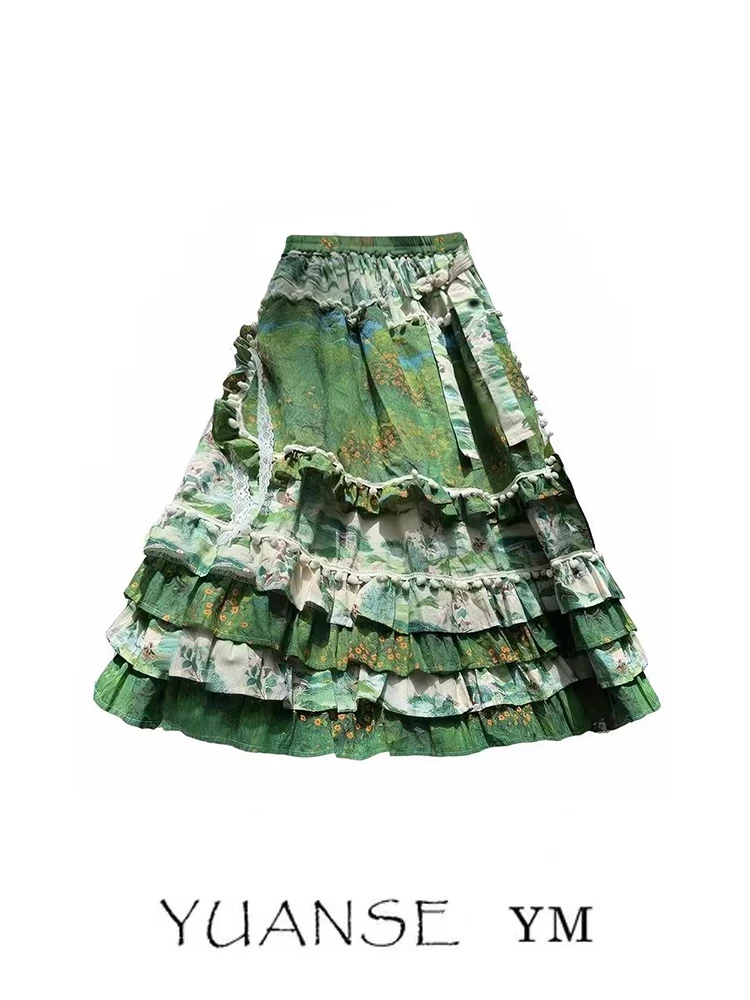 Elegant Green Floral Multi-Layer Half Skirt Women's Summer Super Fairy Tale Cake Long Skirt Yuanshi Green Wild Fairy Tale Series