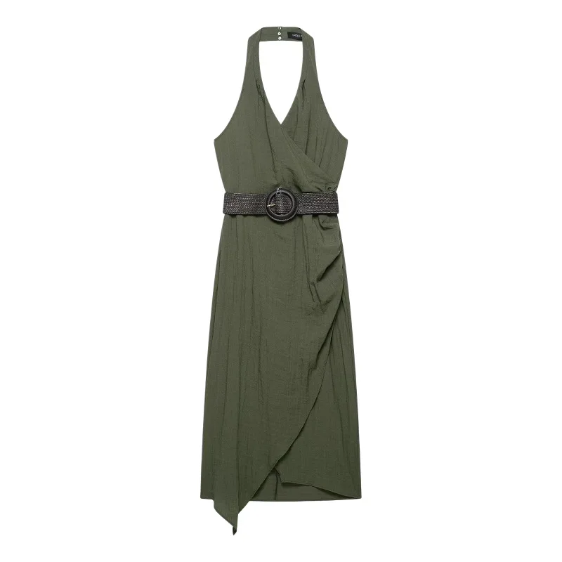 

Dave&Di Women's 2026 Summer New Product With Waist Belt Folded Waist Exposed Back Hanging Neck And Collar Dress For Women
