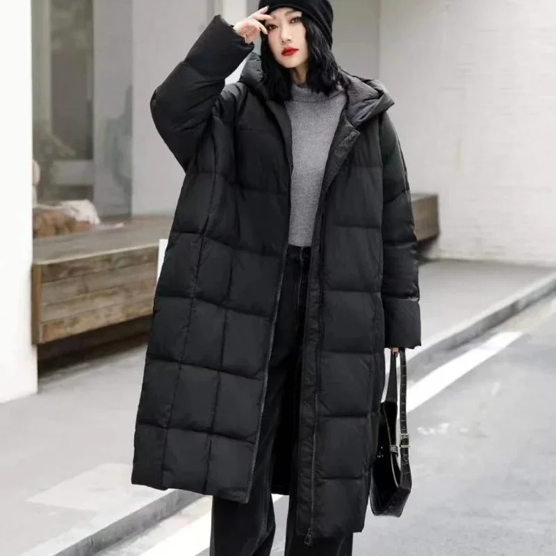 White Duck Down Long Coat, Thickened Warm Hooded Jacket, Casual Loose Parker Coat, Fall and Winter, 2024