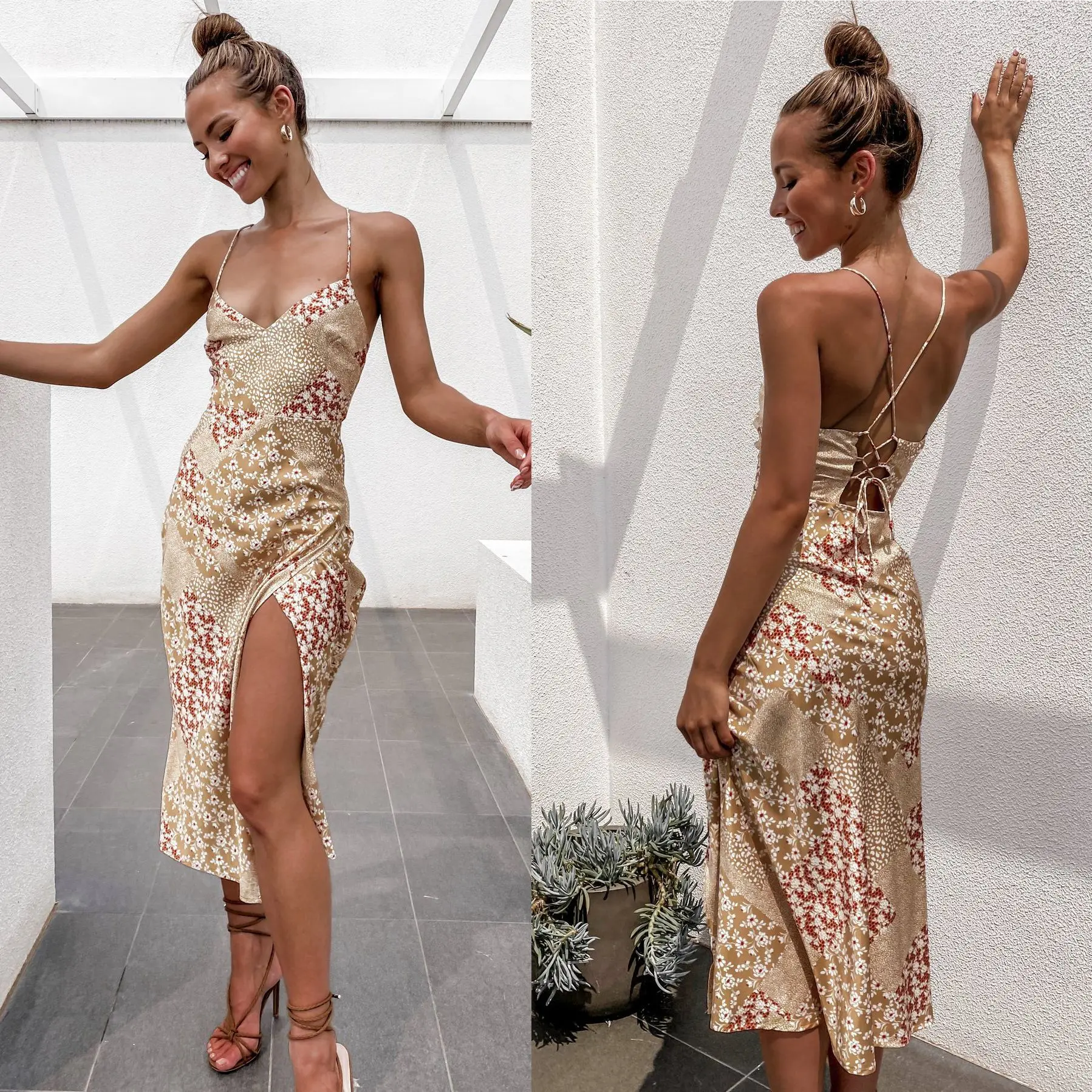 

Женское сексуальное платье без рукавов с v-образным вырезом и открытой спиной с цветочным принтом, тонкое облегающее длинное модное платье