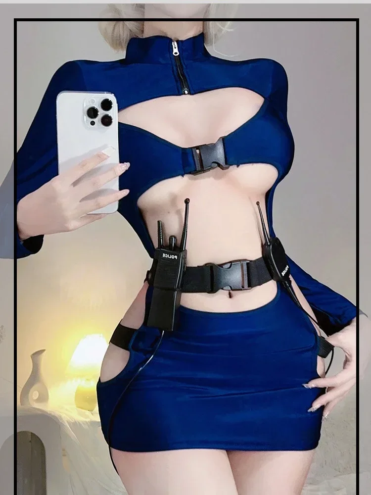 Sexy Open Borst Vrouwelijke Cop Politieagent Uniform hol Politieagentes Kostuum Volwassen Vrouwen Politie Cosplay Jurk Anime Outfits