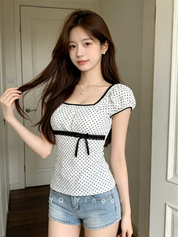 2026 New Summer Pure Desire Wave Point Square Collar T-shirt Lace Bow Waist Slimming Short Top