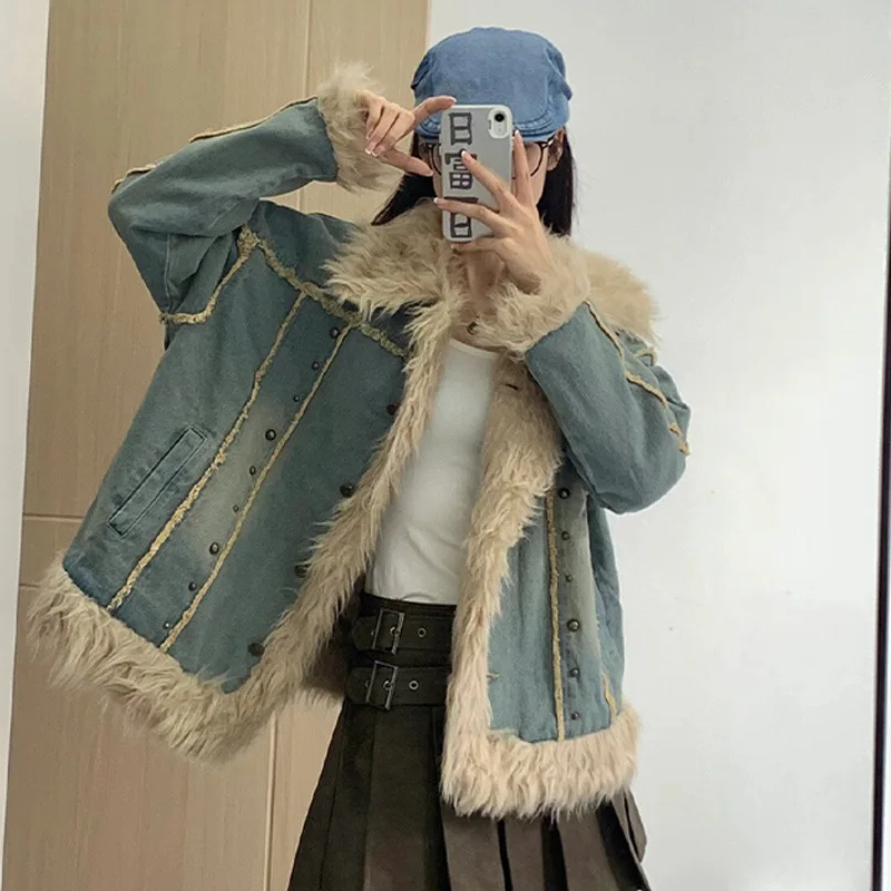 Women Parka Coat Casual Solid Jacket Distressed Long Sleeves Faux Fur Collar Thick Loose Single Breasted Office Lady 2025 Winter
