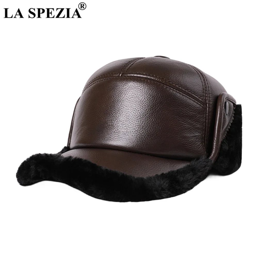 

LA SPEZIA Winter Cap Man Earflap Bomber Hat Men Real Leather Warm Cowskin Russian Hat With Fur Black Brown Burgundy Accessories