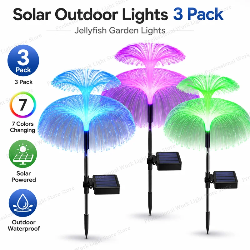 Solar Outdoor Lights 3 Pack, 7 Colors Changing Jellyfish Light, Outdoor Waterproof Solar Flowers Garden Lights for Yard, Pathway