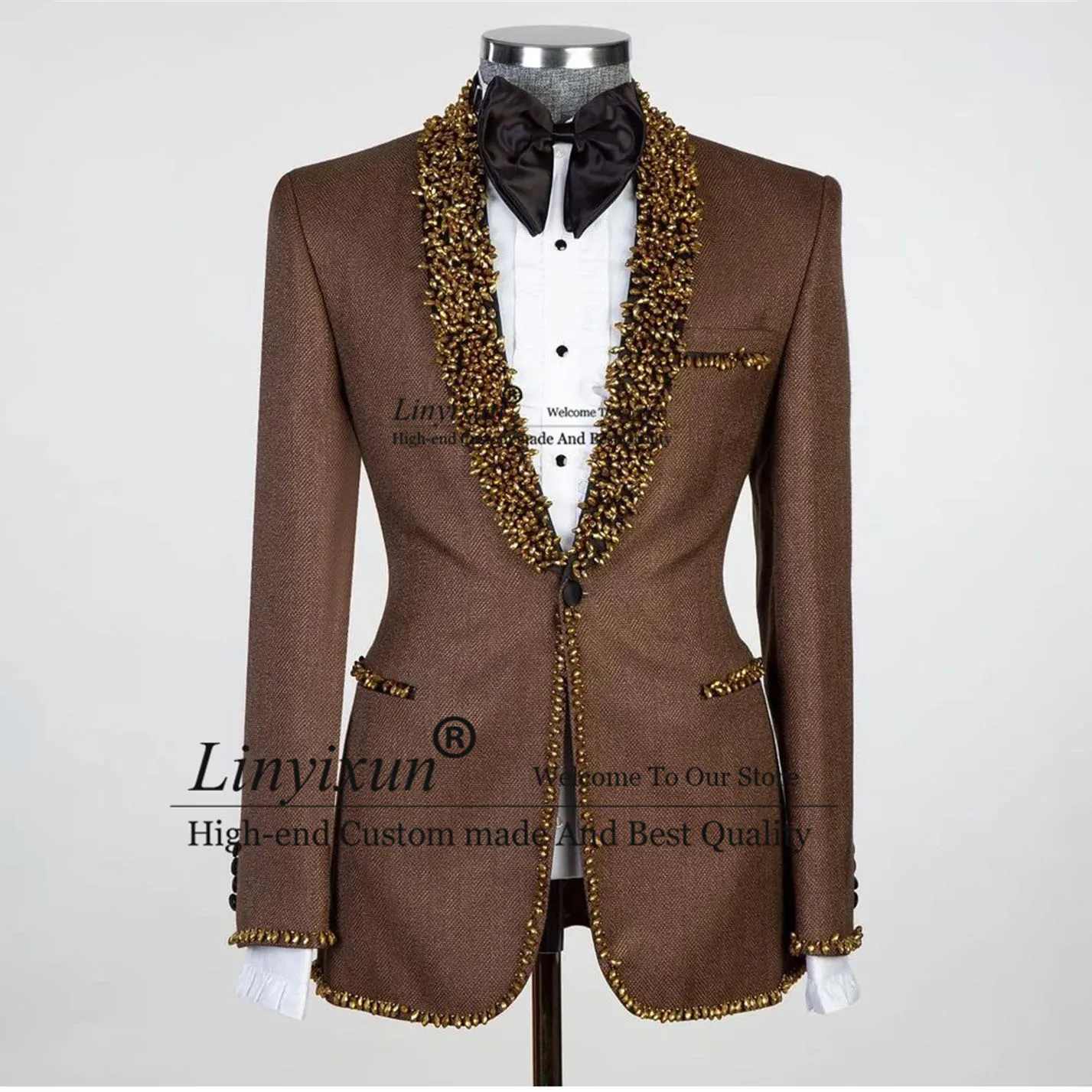 Brown Gold Crystals Beaded Groom Tuxedos Shawl Lapel Men Suits 2 Pieces Sets Male Blazers Pants Outfit Terno Masculino Completo