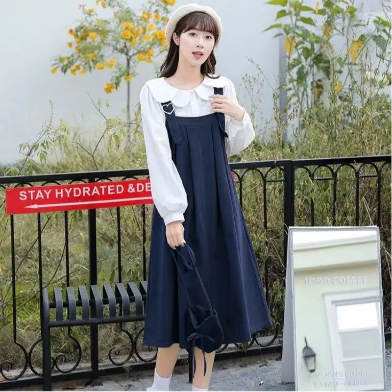 Kawaii Lolita Peter Pan Collar Shirt Sleeveless Suspender Strap ALine Dress Cute Casual Loose Outfit College Style Student Dress