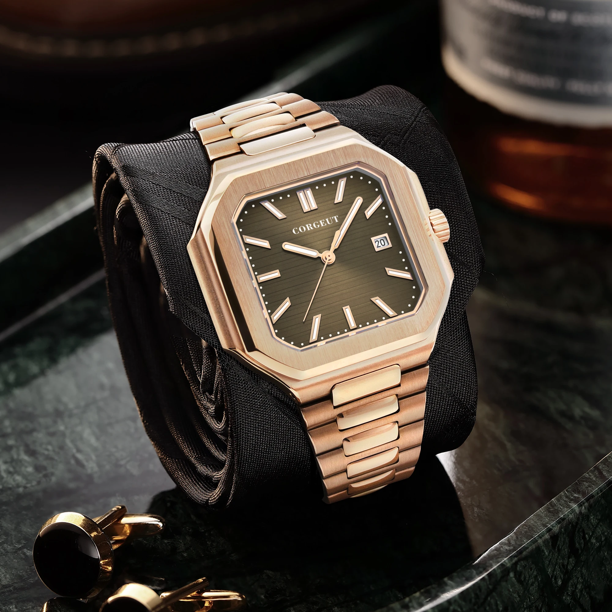 Corgeut 44MM Square Cube Men's Watch NH35 MIYOTA Mechanical LuxuryWatch Rose Gold Stainless Steel Sapphire Crystal Waterproof