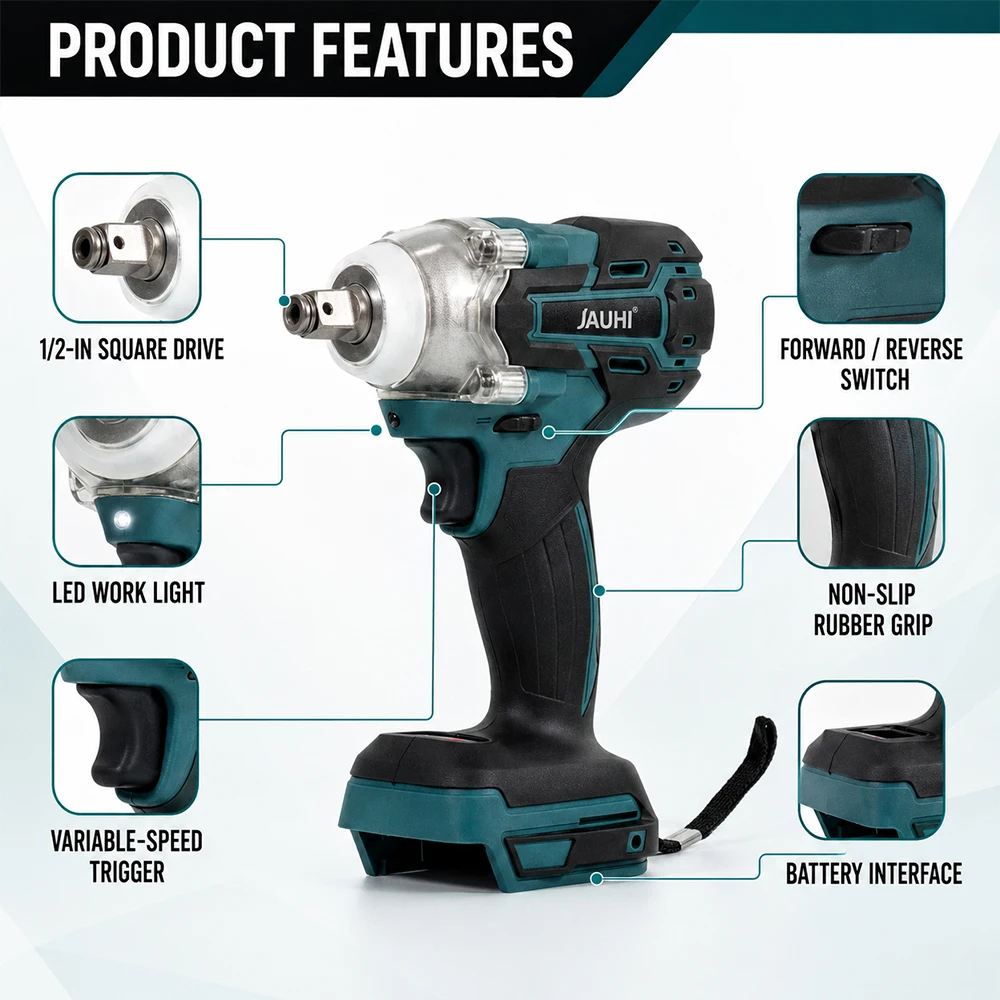 JAUHI 520N.M Brushless Electric Impact Wrench Cordless Electric Wrench 1/2 Inch Screwdriver Power Tools For Makita 18V Battery