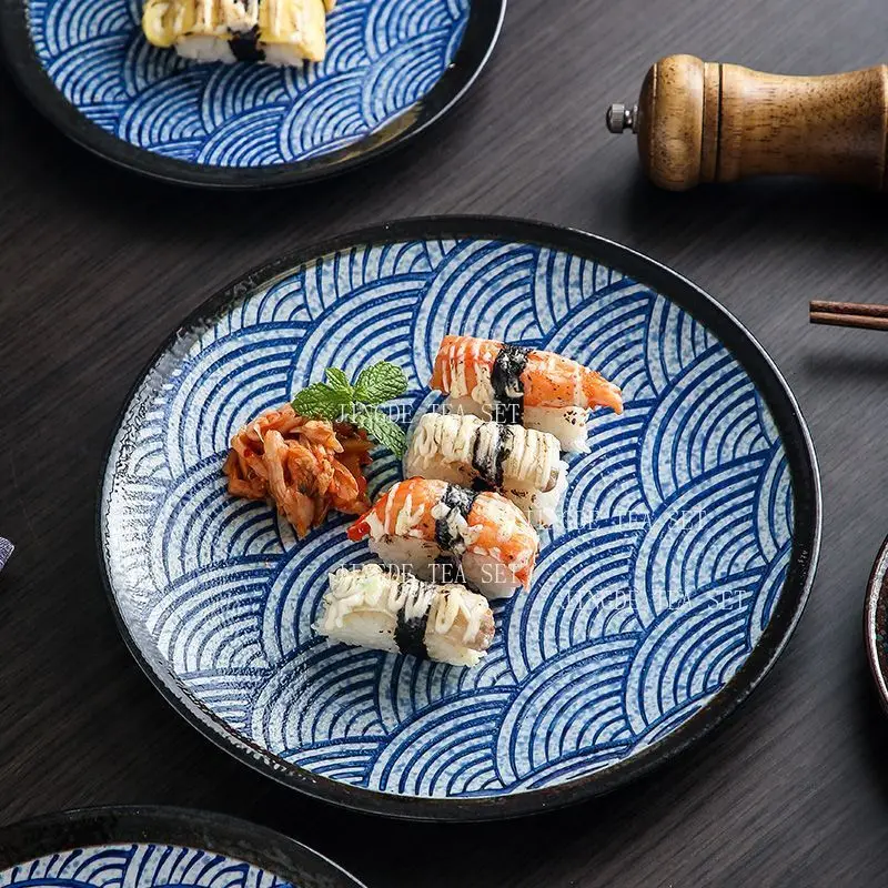 1pc Japanese Blue & White Ceramic Flat Plate Seigaiha Wave Pattern Round Dining Dish Steak Plate for Home Kitchen Tableware