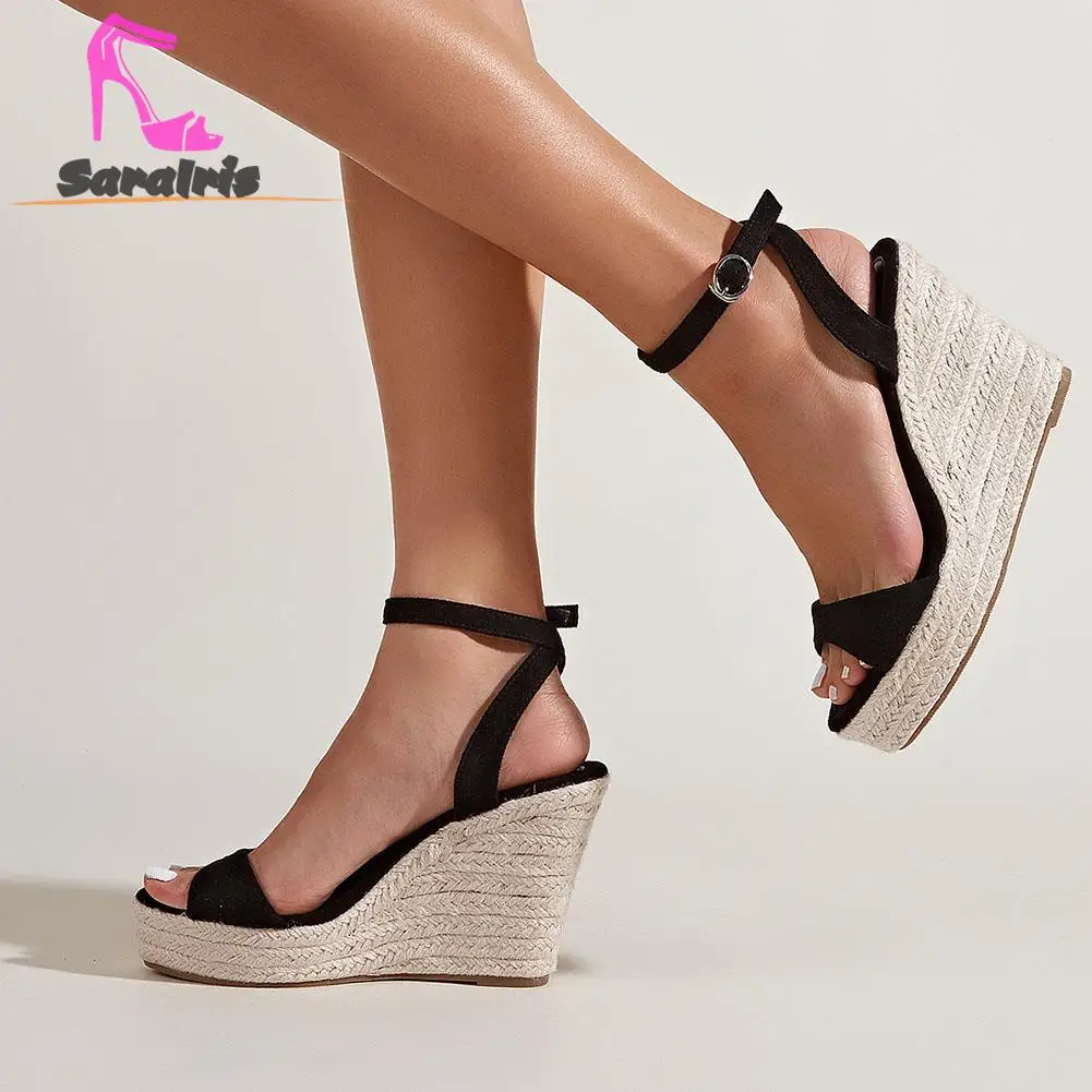 Wedge High Heeled Women's Sandals Summer 2023 New Black Flock Espadrille Shoes Simply Causal Comfort Walk Female Buckle Sandals