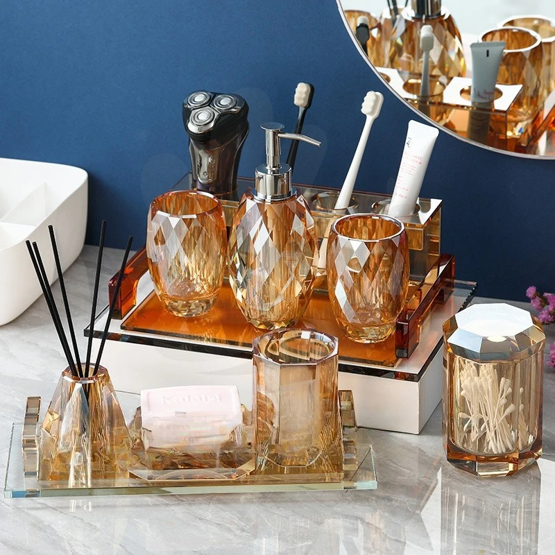 

Soft Bathroom Wash Set, Crystal Hand Sanitizer Bottle, Mouthwash Cup, Toothbrush Holder, Soap Box, Cotton Swab Box.
