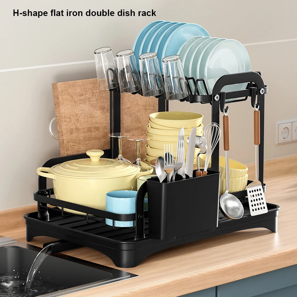 2 Tier Dish Drying Rack with Drip Tray Kitchen Sink Organizer Chopstick Holder Cutting Board Holder 360-Degree Retractable Drain