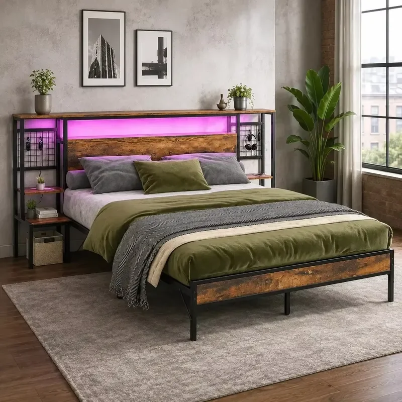 American Industrial Style Steel and Wood Double Bed with Storage Space and Sensor Light