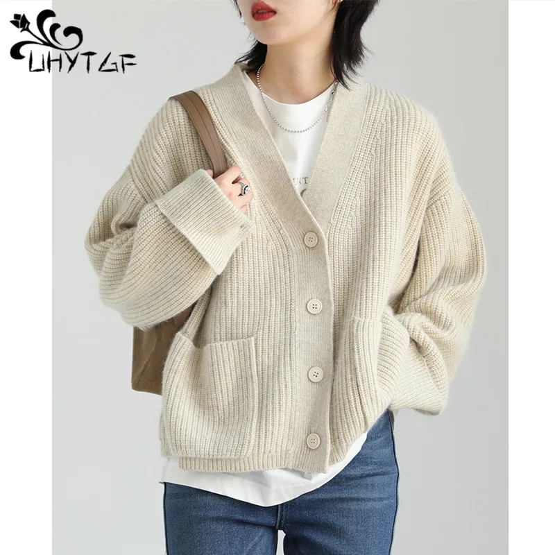 

UHYTGF модный женский свитер 2021, осенне-зимняя одежда, кардиган для женщин, трикотаж, свитер, топы с длинными рукавами, однобортные 2