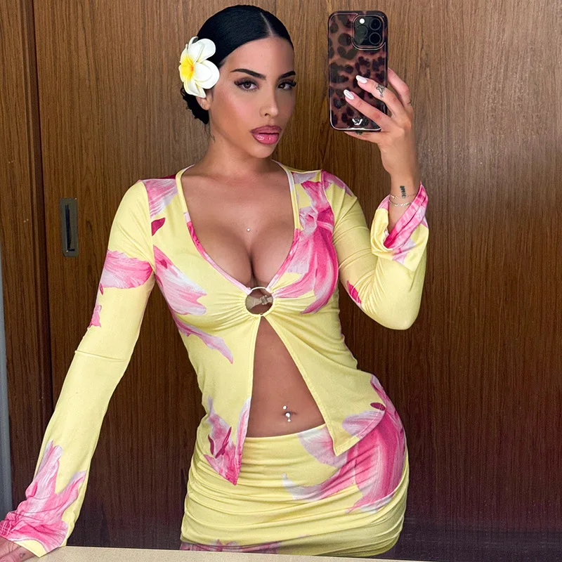 Women Tropical Print 2pcs Sets Lady Beach Holiday Party Ins Chic Hotsweet Suit Metal Ring Coat Hip Skirt Sets Female Split Tops