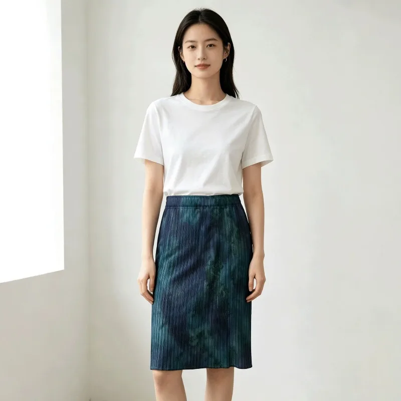 Miyake Pleated Skirt Women 2026 Summer New Vintage Geometric Print Mid-Length Skirt Draped Straight Cut and Unique Design Jupe