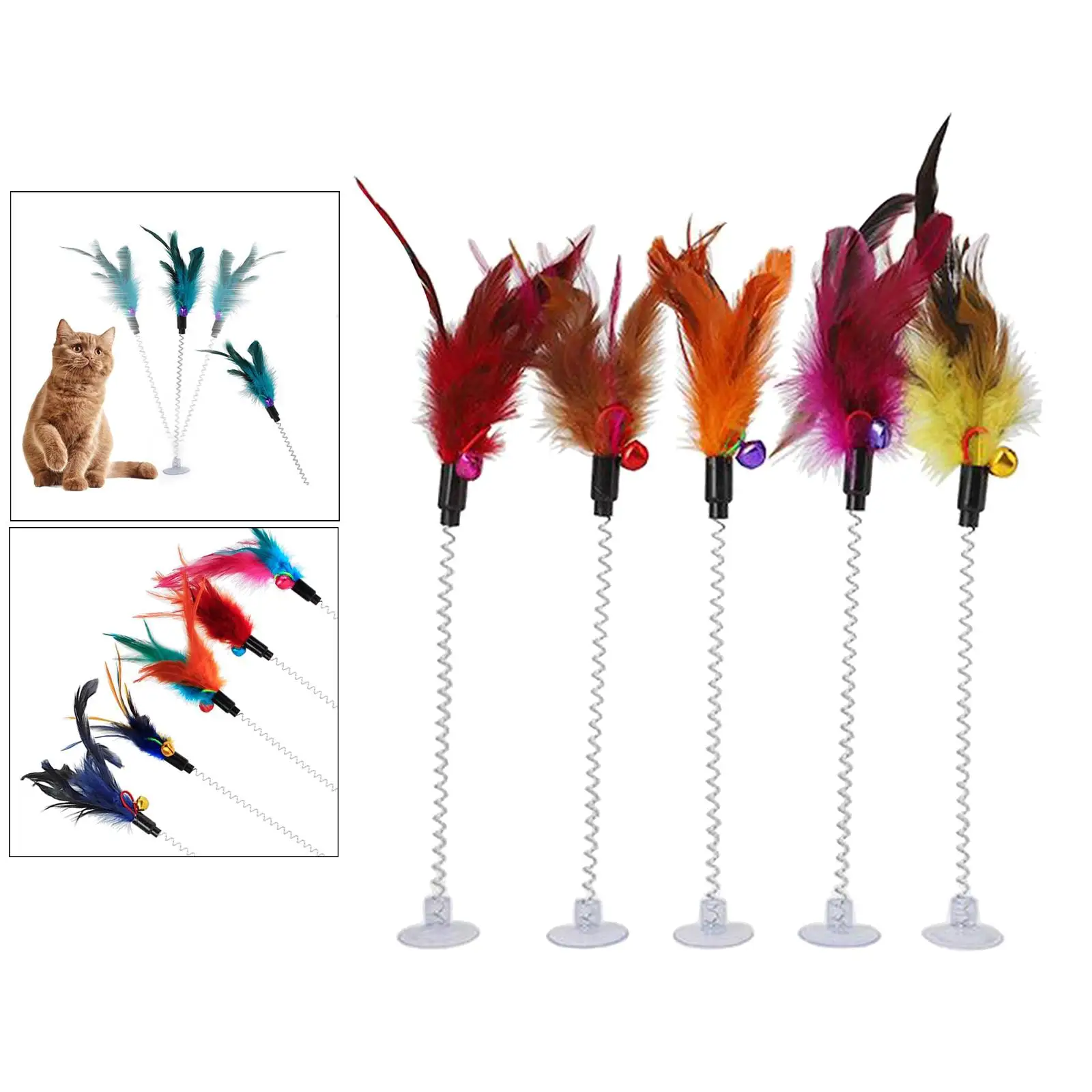 2-6pack Cat Teaser Wand 5PC Wire Spring Cat Toy with Feather and Bell Sucker