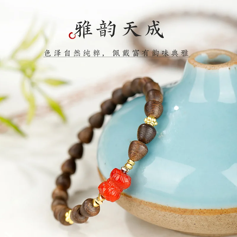 Natural Sinking Grade Conical Agarwood Bracelet with Twin Lotus Fortune Bead Hetian Jade Gourd Jewelry for Women Gifts