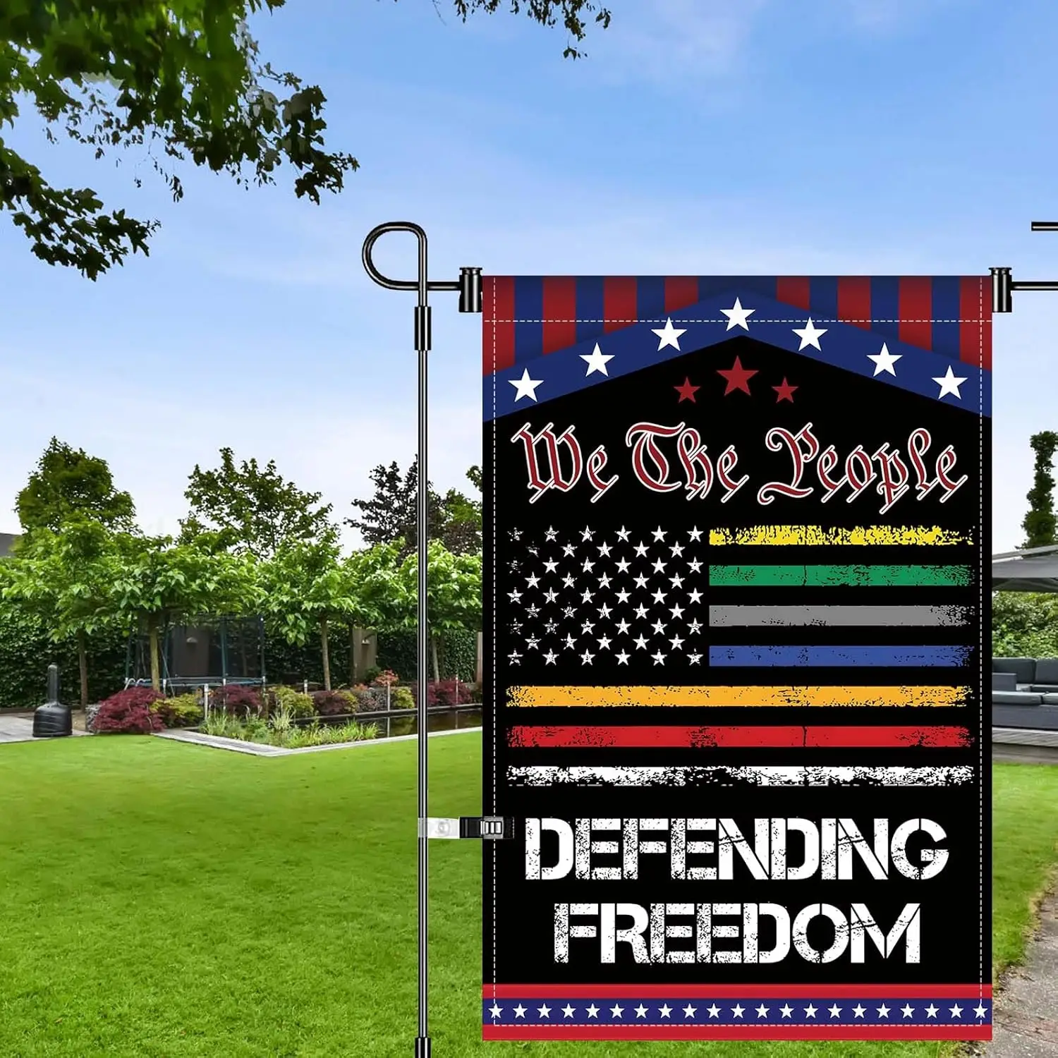 We The People Defending Freedom Garden Flag Patriotic Design with Colorful Stripes Banner 12x18 Inch Double Sided (F4) ZZM