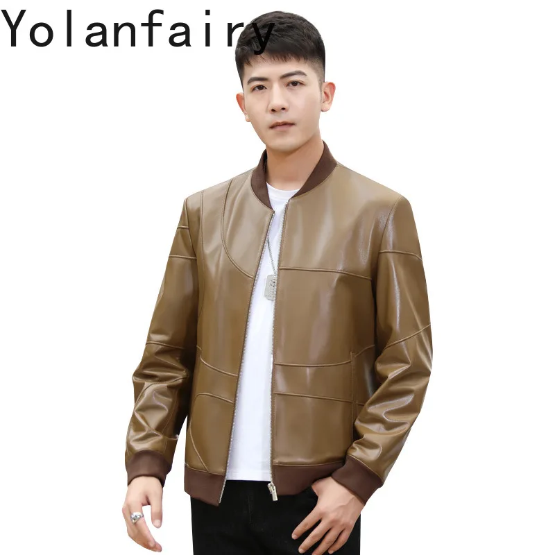 YOLANFAIRY Genuine Leather Jacket Men Spring Autumn Short Fashion Real Sheepskin Leather Coat Man Baseball Jackets lederjacke