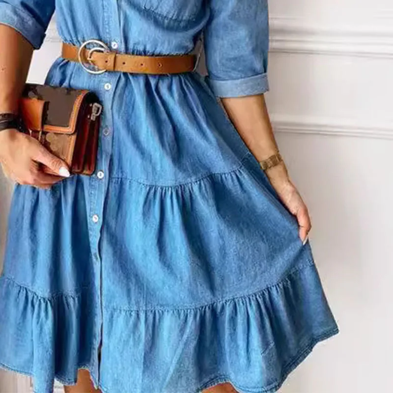 Abito lungo blu estivo da donna elegante Abito estivo da ufficio allentato casual Vita alta con scollo a V Mezze maniche Abiti da lavoro maxi da donna