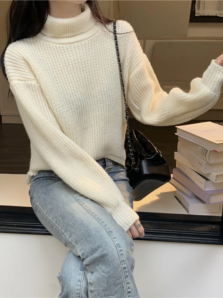 Women Casual Loose Knitted Sweater Pullovers Solid Cashmere Lapel Splited Turtleneck Sweaters Autumn Winter Elegant Female Tops