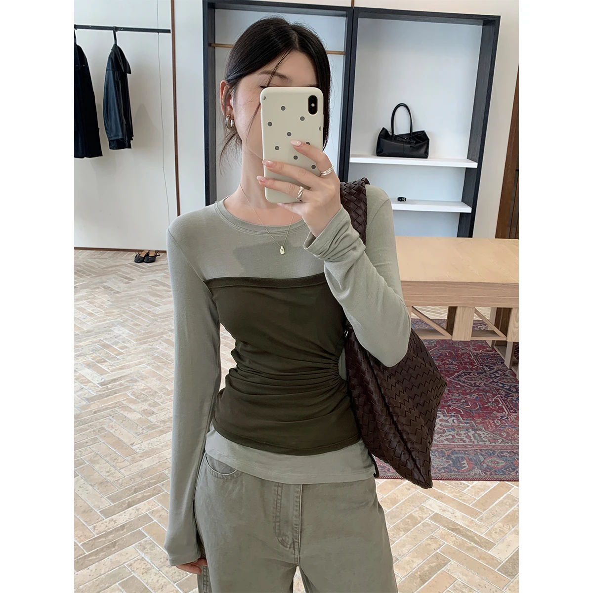 

2Colors Spring Autumn 2026 Faux two pieces Slim Waist Long Sleeve T shirts Women Color Patch Tee shirt femme (X3993)