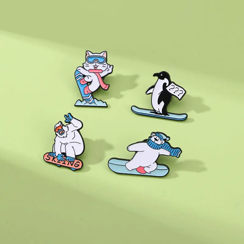 4 Styles Funny Animal Skiing Design Enamel Brooches Cute Penguin Polar Bear Cat With Ski Board Lapel Pins Winter Sports Badge