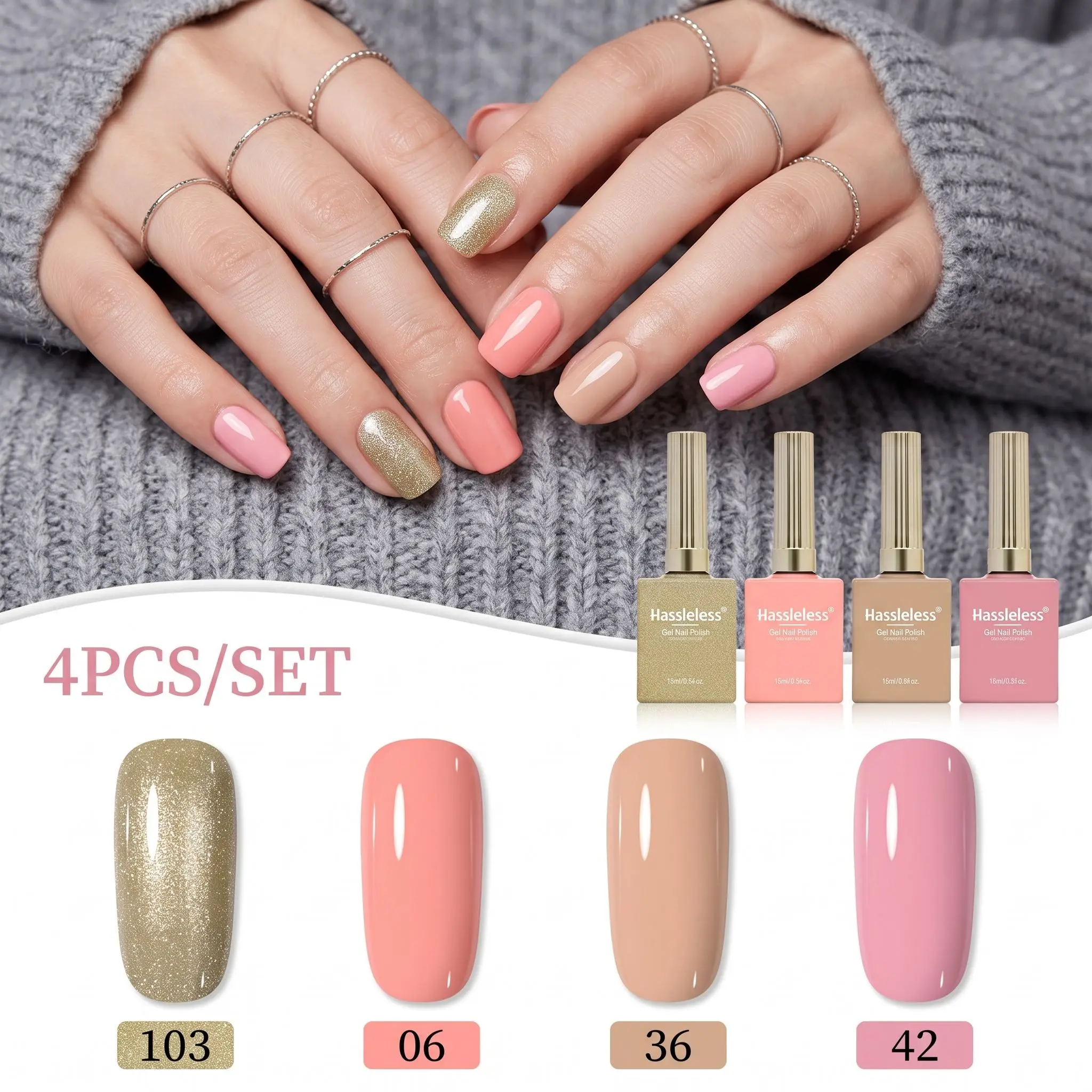 Hassleless 4Pcs Solid Color Nail Polish Gel Set, 0.5 oz Capacity, Suitable for Daily Nail Art, Is a Solid Color Nail Gel Ideal for DIY at Home