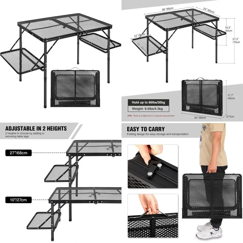 

Portable Adjustable Height Folding Grill Table with Extension for Camping and Indoor Outdoor Use