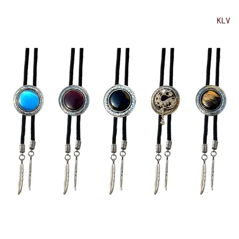 Bolo Tie for Men Western Cowboy Style Necktie with Carved Gemstones Buckle Gentleman Formal Meeting Costume Accessories