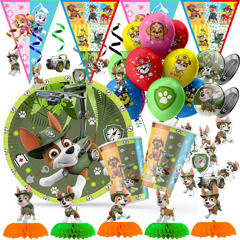 Paw Patrol Tracker Birthday Decoration Balloons Disposable Tableware Plates Background for Kids Paw Patrol Dogs Party Supplies