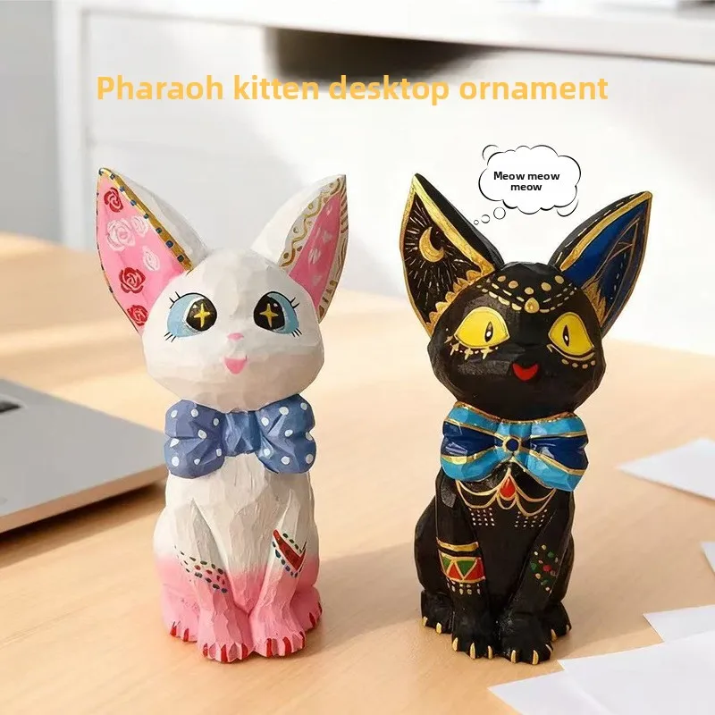Hand‑painted Wood‑Carved Desktop Ornament, Cute Pharaoh Kitten Handicraft Decoration