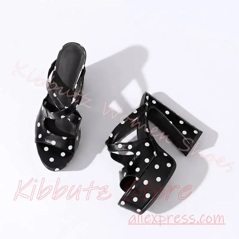 Chunky Heel Platform Mule Slipper Polka Dot Open Toe Crisscross Strap Slip On Backless Retro Garde Club Party Fashion Shoes Sexy