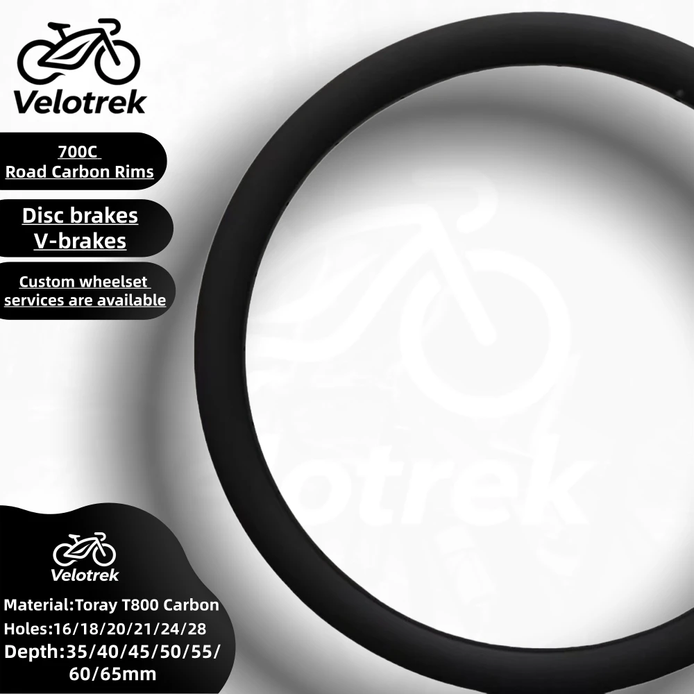 

VELOTREK Gravel 700C Carbon Rim 33mm/36mm Width 35/40/45/50mm Depth Bicycle Disc Tubeless Clincher Wheel Hookless Hook Asymmetry