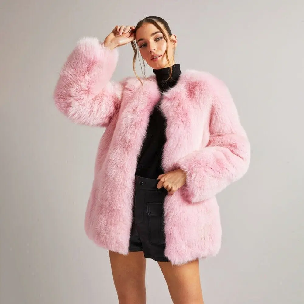 Elegant Pink Real Fox Fur Coat Luxury Full Pelt Warm Thick Jacket Women Fashion Genuine Natural Fox Fur Mid-Length Overcoat