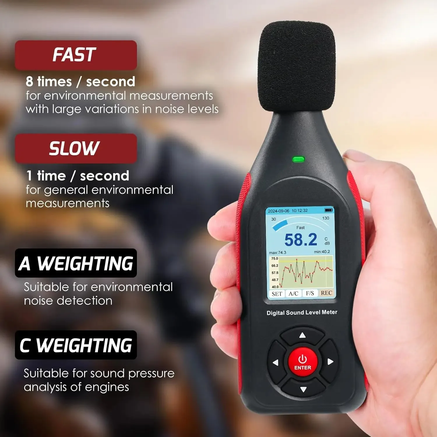 Digital Sound Level Meter Decibel Data Logger, 30-130dB A/C Weighted Fast Slow, 3-Color Alarm Rechargeable SPL Noise Tester