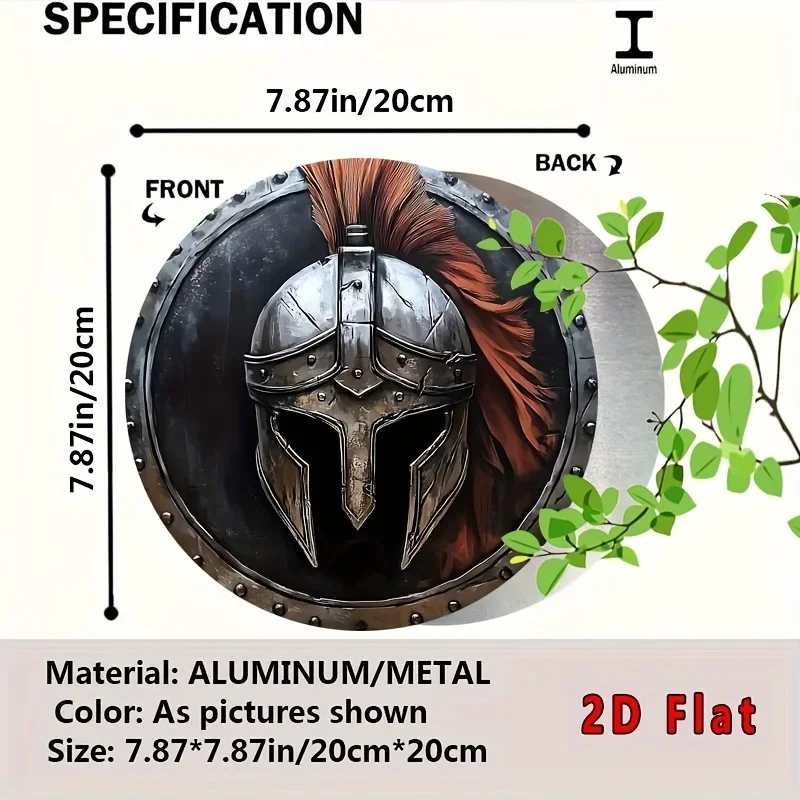 [2D Flat] 1pc Vintage Spartan Helmet Aluminum Wall Art, 8x8 Inch Round 2D Metal Emblem - High Bend Resistance, Ideal for Home &