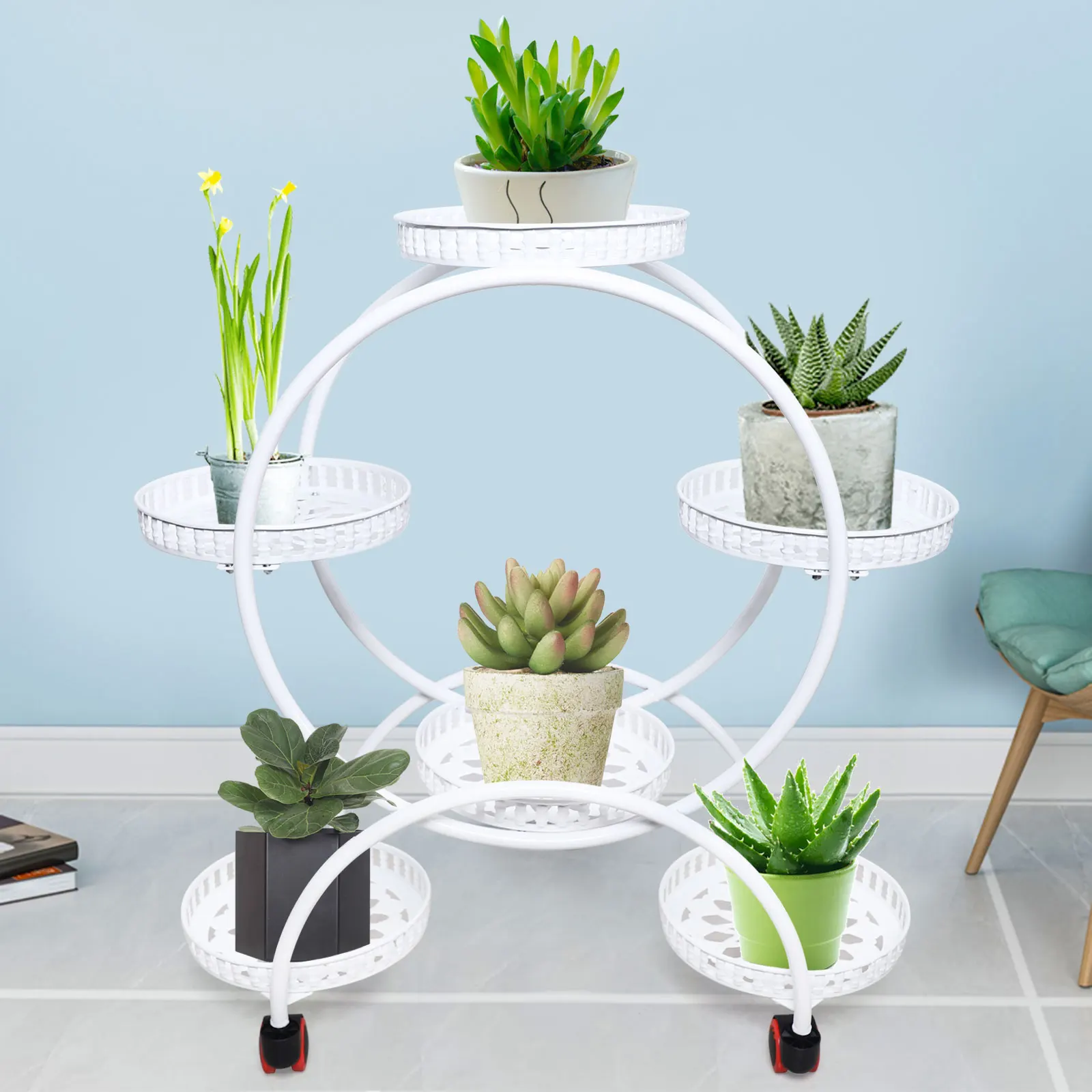 Metal Plant Stand para interior e exterior, Flower Rack com roda, varanda e quarto, 6 suportes em vasos