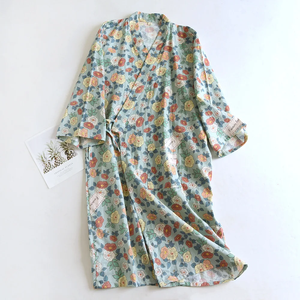 Summer Floral Cotton Women\'s Pajamas Thin Bathrobe Nightgown Japanese Kimono Robes 3/4 Sleeves Sleepwear Night Wears for Women