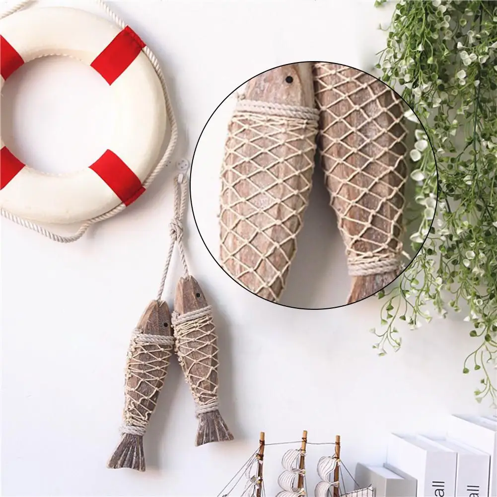 Wooden Fish Wall Sculpture with Fishing Net 2Pcs/set Hand-carved Aesthetic Art Decoration for Home Boats Balcony Pub