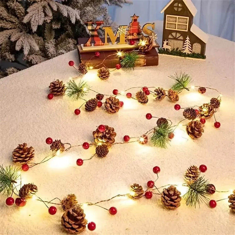 2M 20Led Christmas String Lights With Pinecone Red Berry Pine Needle Warm White Battery Powered For Wall Door Tree Decoration