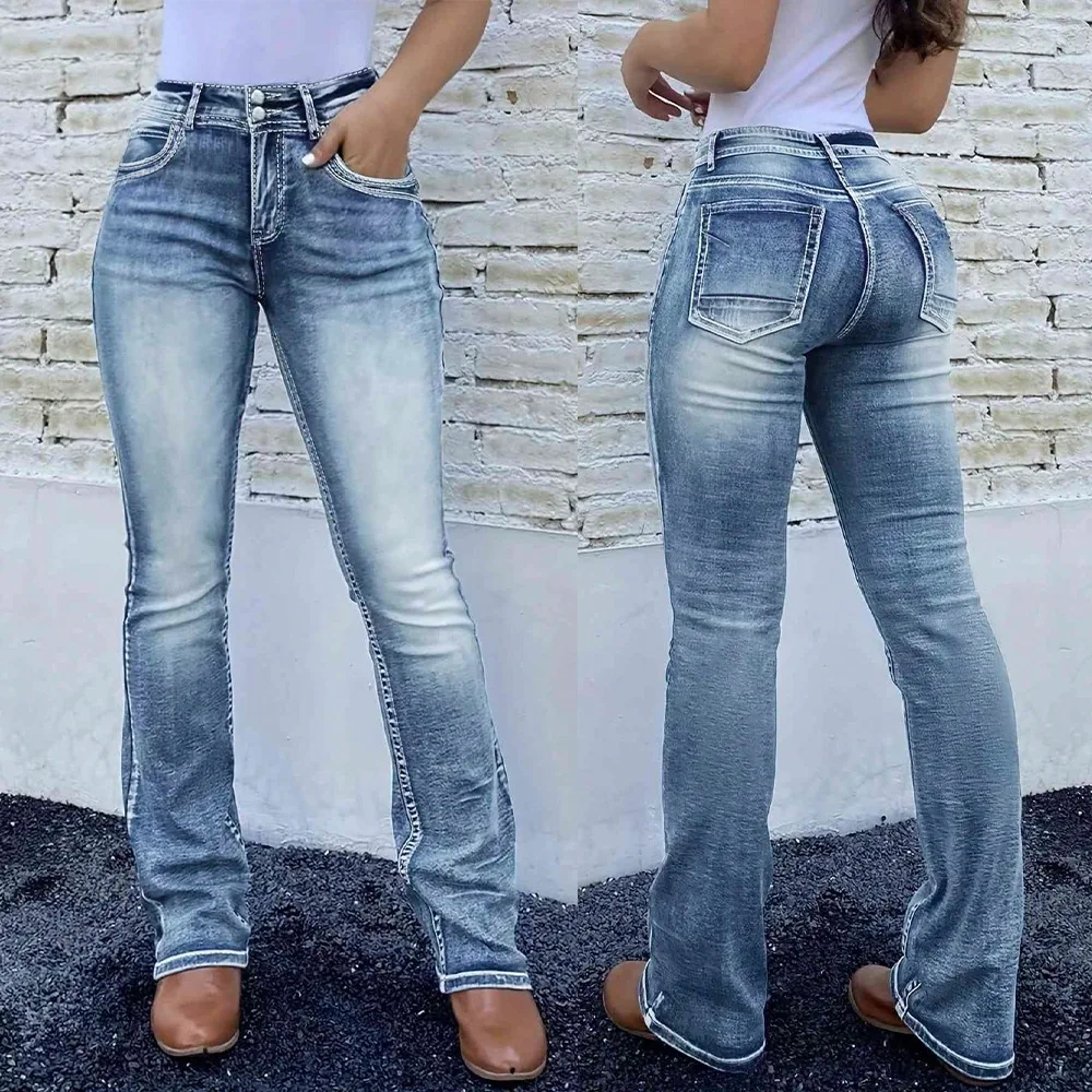 Women Bootcut Jeans Denim Pant Vintage Washed Work Casual Mid Waist Two Buttons Slim Fit Trousers Y2k Streetwear Splice Spring