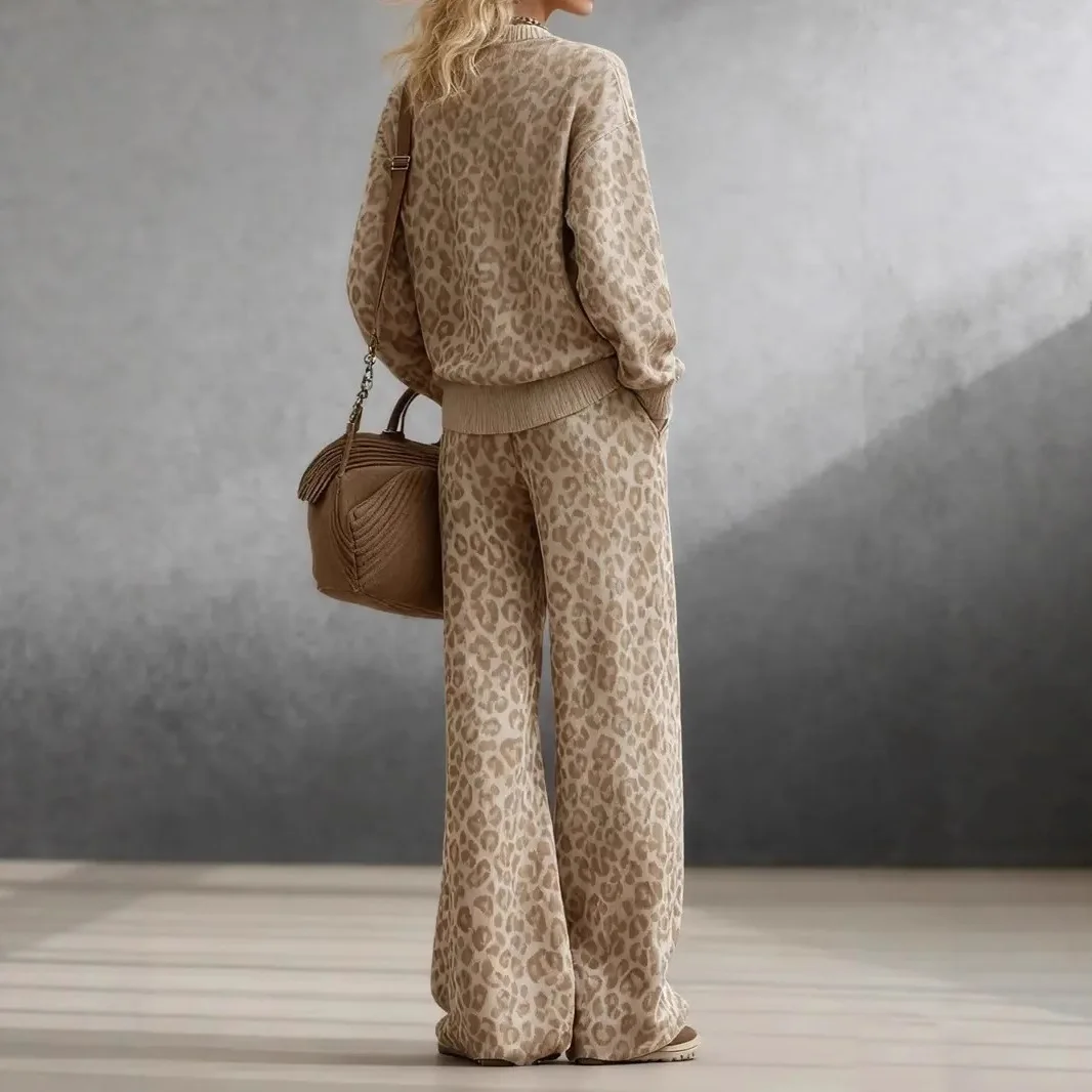 Women  Autumn Winter Light Brown Leopard Print Set Long Sleeve Slim Fit Sweatshirt Retro Casual Pants