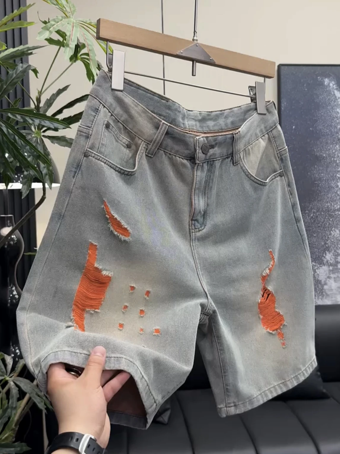 Summer New Style Men's Denim Shorts Washed Ripped Five-Quarter Loose Fit Casual Breathable mid Waist Straight Leg Pants