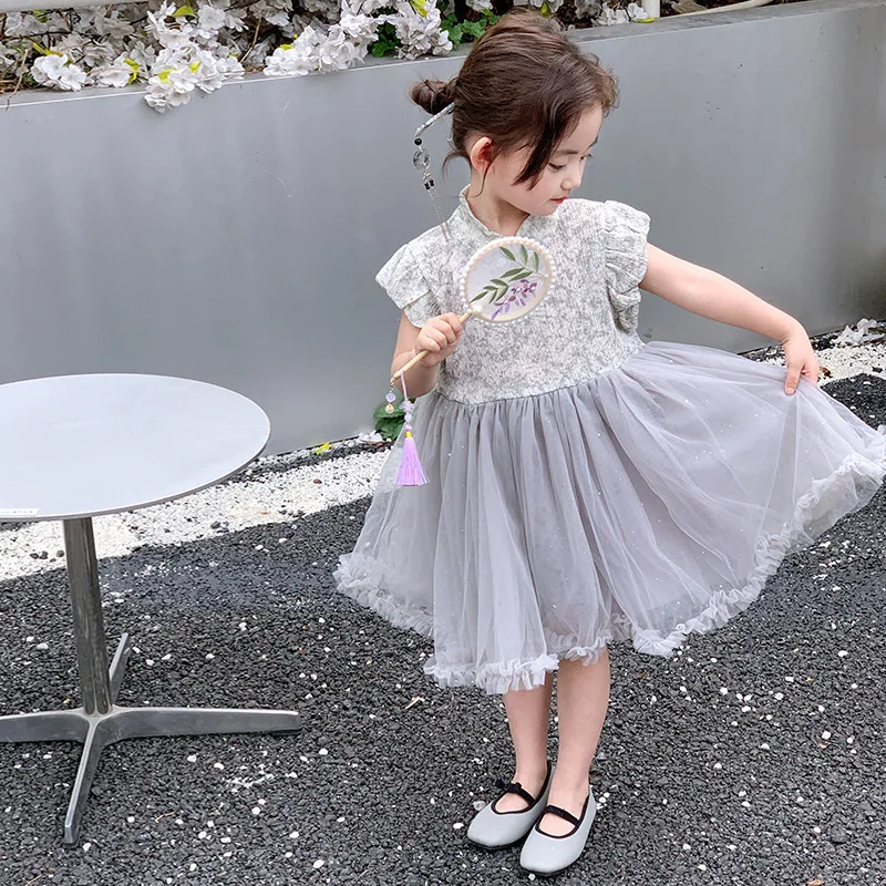 Girls Dress 2024 Summer New Childrens Wear Baby Girl Chinese Plate Buckle Birthday Skirt Little Girl Pompous Princess Dress