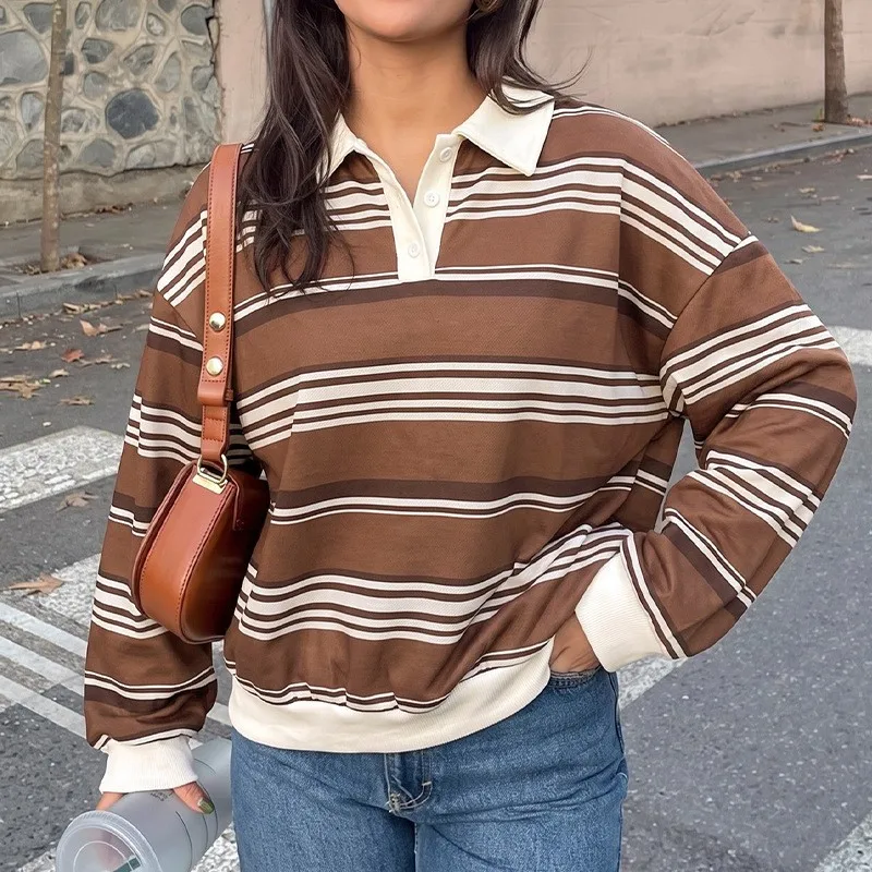 Striped T Shirt Pullover Loose Fit Streetwear with Regular Sleeve Top Literary Retro No Hood Standard Length Women T Shirt