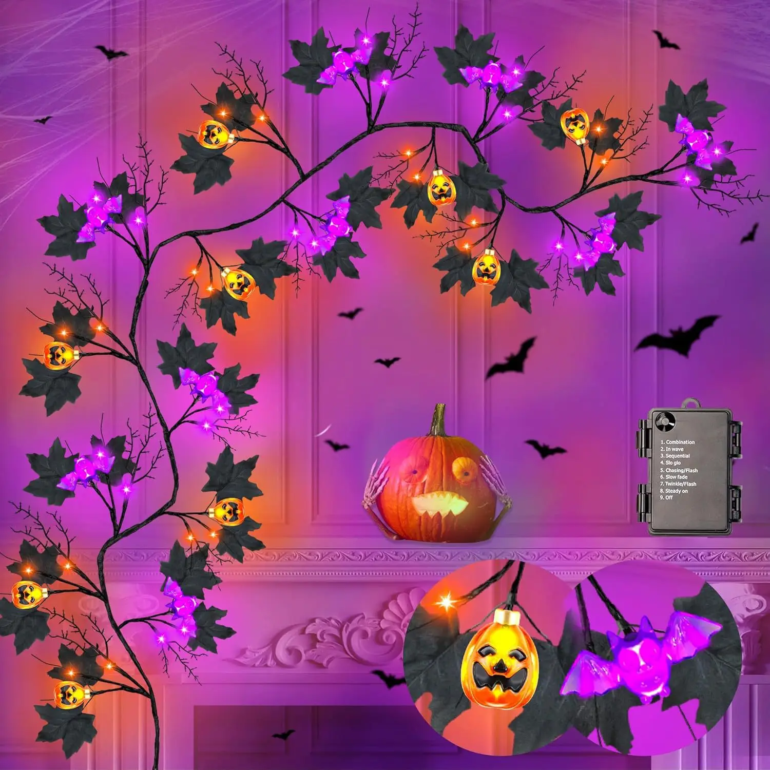 LED zucca pipistrello ragno ramo rattan luce halloween parete interna festival atmosfera luce