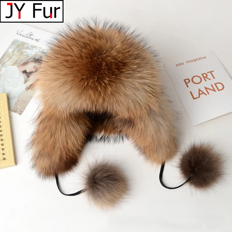 Real Fur Fox Hat Female 2024 Winter Warm Pompom Fur Caps Luxury Real Fur Women Natural Raccoon Fur Russian Hat Caps